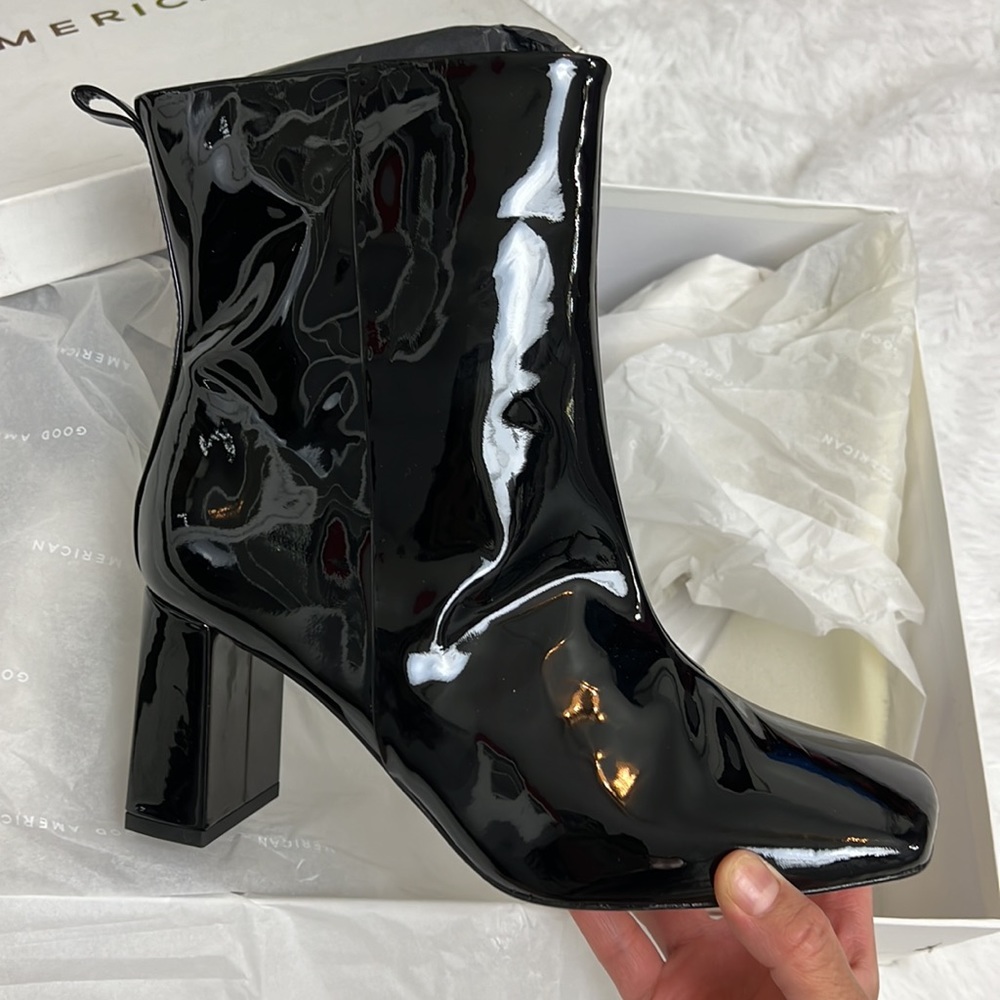 Good American Black Patent Heeled Boots